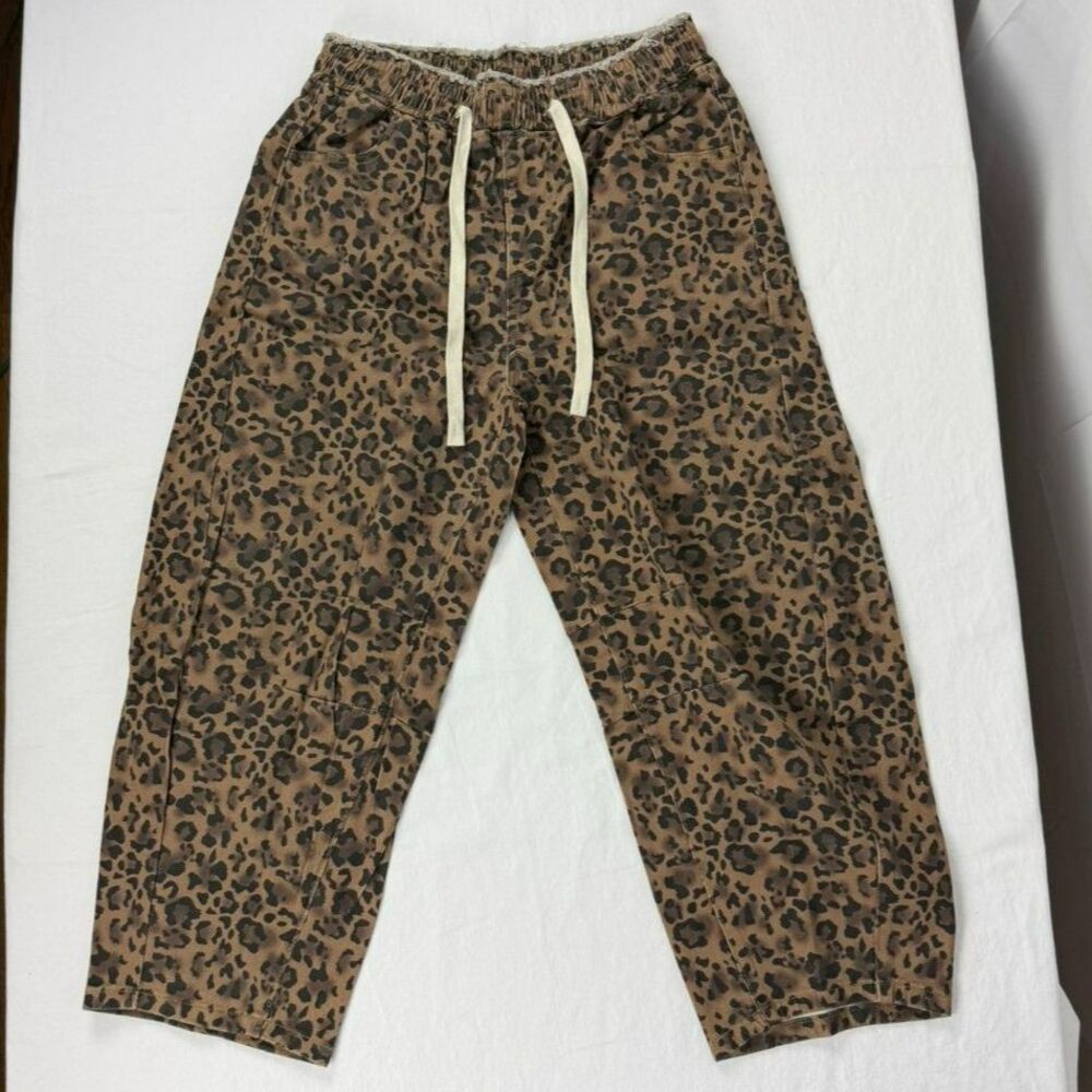 Leopard Print Barrel Baggy Jeans w/ Drawstring - L - NWT